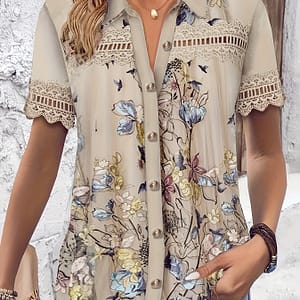Women’s Casual Floral Print Blouse – Short Sleeve, Button-up With Lace Detail, Breathable Polyester & Spandex , Spring/summer Blouses Shop Online at Dubai Trades