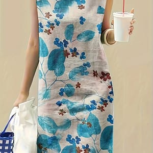 Women’s Casual Floral Print Sleeveless Dress – Lightweight Polyester, Crew Neck, Machine Washable, Blue And Green Botanical Design, Knee-length For Casual Attire Clothing Shop Online at Dubai Trades