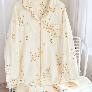 Women’s Casual Floral Print Textured Pajama Set, Long Sleeve Buttons Lapel Top & Pants, Comfortable Relaxed Fit For Fall Clothing Shop Online at Dubai Trades