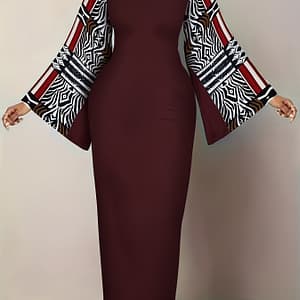 Women’s Casual Geometric Print Midi Dress – Stretchy Polyester Blend, Round Neck, Long Sleeve, Machine Washable – Spring, Summer & Fall Clothing Shop Online at Dubai Trades