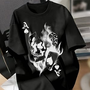 Women’s Casual Graphic Tee – Black Crew Neck Short Sleeve Top With Playing Cards & Dice Design, Machine Washable, Polyester And Spandex , Ladies T Shirts Clothing Shop Online at Dubai Trades