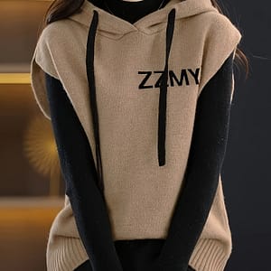 Women’s Casual Knit Hoodie – Loose Fit, Print, Drawstring Hood, Ribbed Cuffs, Beige & Black Color Sweater For , Casual Casual Attire | Trendy Casual Hoodie | Soft Knit Fabric Clothing Shop Online at Dubai Trades