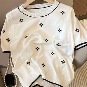 Women’s Casual Knit Sweater – Lightweight, Embroidered, Crew Neck, Short Sleeve Top In Contrast Colors Clothing Shop Online at Dubai Trades
