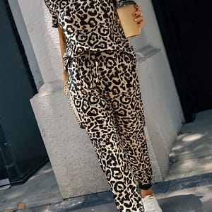 Women’s Casual Leopard Print Jumpsuit – Short Sleeve, Drawstring Waist, White Sneakers, Polyester Blend, Wear, Casual Attire | Leopard Print Jumpsuit | Drawstring Waistline Clothing Shop Online at Dubai Trades