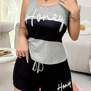 Women’s Casual Letter Print Pajama Set – Comfy Polyester Blend, Non-see-through, Summer Sleepwear With Drawstring Shorts Clothing Shop Online at Dubai Trades