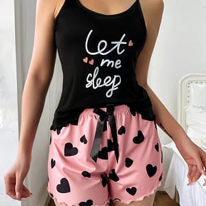 Women’s Casual Letter Print Spaghetti Strap Pajama Set, Flame Resistant Knit Fabric, Polyester 95% Elastane 5%, All Season Sleepwear, Comfortable Adult Loungewear Clothing Shop Online at Dubai Trades
