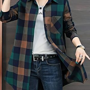 Women’s Casual Long Plaid Shirt – Polyester, Machine Washable, Turn- Collar, Asymmetrical Hem, Lightweight For Spring/fall Blouses Shop Online at Dubai Trades