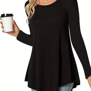 Women’s Casual Long Sleeve Tunic Top, Polyester 95% Spandex 5% Knit Fabric, Solid Color Crew Neck Blouse For Spring/summer/fall, Spring Summer Blouse|tunic Style|solid Color Top Clothing Shop Online at Dubai Trades