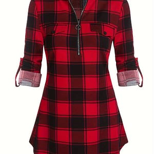 Women’s Casual Plaid Dress With Drawstring – 100% Polyester Knit Fabric, Boat Collar, Long Sleeve, Fit And Flare Design For Spring/summer/fall Clothing Shop Online at Dubai Trades