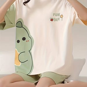 Women’s Casual Polyester Pajama Set, Cartoon Print Short Sleeve Crew Neck Pullovers, Knit Fabric Sleepwear With 95% Polyester, 5% Elastane, Comfortable Summer Loungewear Clothing Shop Online at Dubai Trades