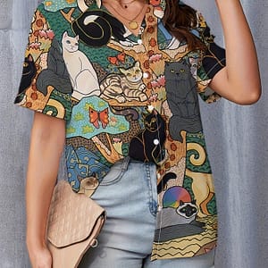 Women’s Casual Polyester Shirt, 100% Polyester, Print, Lapel Collar, Non-stretch Woven Fabric, 110g/m², Spring/summer Collection Active Shop Online at Dubai Trades