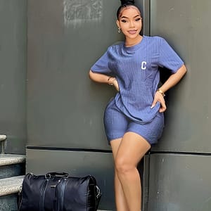 Women’s Casual Polyester Two-piece Set: “c” Round Neck Tee & Slim-fit Shorts – Machine Washable, Light Blue Clothing Shop Online at Dubai Trades