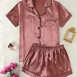 Women’s Casual Solid Satin Pajama Set, Short Sleeve Buttons Lapel Top & Shorts, Comfortable Relaxed Fit, Summer Nightwear Clothing Shop Online at Dubai Trades