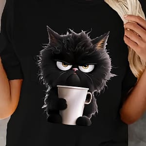 Women’s Casual Sporty T-shirt, Black Cat Print, Fit Short Sleeve Tee, Fashion Breathable Casual Top Active Shop Online at Dubai Trades