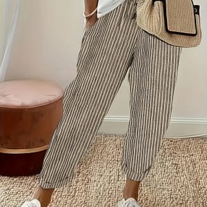 Women’s Casual Striped Cropped Pants With Slant Pockets – Loose Fit, Polyester, Khaki & White Vertical Stripes, Machine Washable, Casual Attire Or Vacation Clothing Shop Online at Dubai Trades 2
