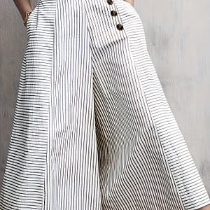 Women’s Casual Striped Wide-leg Pants – High-waisted, Button Detail, Lightweight Polyester, Machine Washable – Spring/summer Clothing Shop Online at Dubai Trades