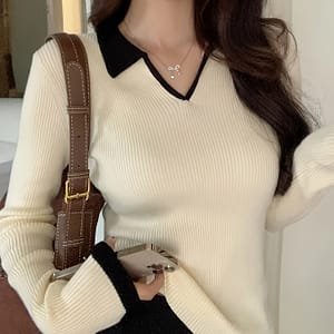 Women’s Casual V-neck Color Knit Top, Slim Fit Polyester And Spandex , Solid Pattern, , Knit Fabric Weave Clothing Shop Online at Dubai Trades