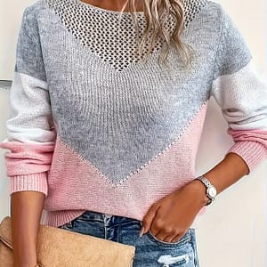 Women’s Casual V-neck Knit Sweater, Color Block Polyester Pullover, 100g/m² Knit Fabric, Spring/summer/fall Fashion Top Clothing Shop Online at Dubai Trades