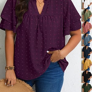 Women’s Casual V-neck Ruffle Detail Blouse, 100% Polyester Solid Color Non-stretch Woven Shirt For Spring/summer/fall Clothing Shop Online at Dubai Trades