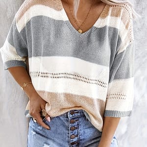 Women’s Casual V-neck Sweater – Off-shoulder, Striped Knit Top With Hollow Detail, Spring/summer, Light Gray & Pink, Ladies Sweaters Clothing Shop Online at Dubai Trades