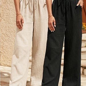 Women’s Casual Wide-leg Pants 2pcs – Comfortable Drawstring Waist, Solid Color, Polyester, Machine Washable – Beige And Black Clothing Shop Online at Dubai Trades