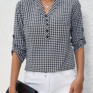 Women’s Casual Yellow & White Plaid Button-up Shirt – Polyester, V-neck, Long Sleeves, Casual Wear, Casual Wear|plaid Pattern|polyester Fabric Blouses Shop Online at Dubai Trades
