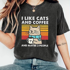 Women’s Casual “i Like Cats And Coffee” Graphic T-shirt – Short Sleeve, Round Neck, Polyester, Lightweight, Tee With Cat And , Casual Wear | Print | Knit Construction, Cat Lover Gifts Clothing Shop Online at Dubai Trades