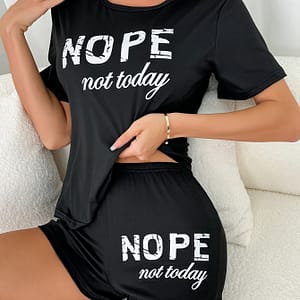 Women’s Casual “nope Not Today” Print Short Sleeve T-shirt And Shorts Pajama Set, Comfortable Loungewear, Sleepwear Outfit Clothing Shop Online at Dubai Trades