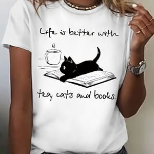 Women’s Cat T-shirt – ” With Tea, Cats And Books” Design, Short Sleeve Crew Neck Casual Top For , Soft Polyester , Comfortable & Stylish Casual Attire Clothing Shop Online at Dubai Trades