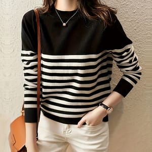 Women’s Chic Black & White Striped Long Sleeve Knit Top – Casual Crew Neck, Short Sweater With Ribbed Hem, Clothing Shop Online at Dubai Trades