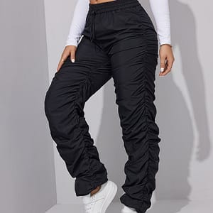 Women’s Chic High-waist Ruched Joggers – Solid Color, Nylon & Polyester , Machine Washable, Waist, Long Pants Clothing Shop Online at Dubai Trades