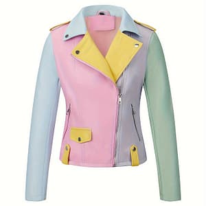 Women’s Color Pu Leather Biker Jacket – Light Blue, Pink & Casual Zip-up Outerwear With Cuffs For Spring/fall Clothing Shop Online at Dubai Trades 2