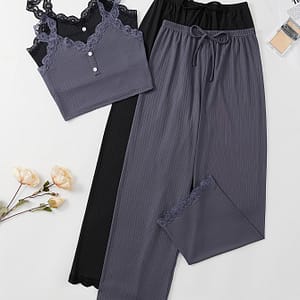 Women’s Comfortable Ribbed Pajama Set With Lace Detail – V-neck Cami Top & Long Pants, Machine Washable – Available In Multiple Colors Clothing Shop Online at Dubai Trades
