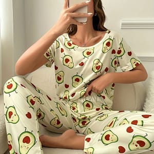 Women’s Cute Avocado Heart Pattern Pajama Set – Short Sleeve & Long Pants, Soft Polyester , Machine Washable Sleepwear Clothing Shop Online at Dubai Trades