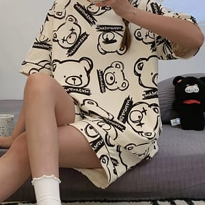 Women’s Cute Cartoon Bear Print Pajama Set – Comfy Short Sleeve & Shorts Loungewear, Machine Washable Clothing Shop Online at Dubai Trades