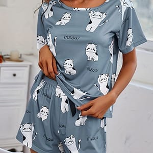Women’s Cute Cat Print Pajama Set, Short Sleeve Round Neck Top & Shorts, Comfortable Relaxed Fit Clothing Shop Online at Dubai Trades
