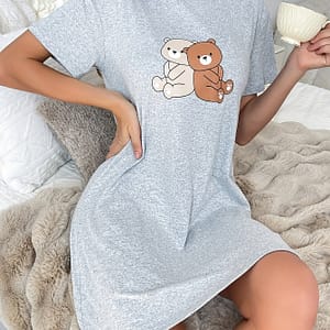 Women’s Cute Dual-tone Bear Graphic Dress – Casual Beige Polyester Blend, Short Sleeve, Round Neck, Machine Washable, Knee-length Clothing, Dress|round Neck Dress|printed Dress Clothing Shop Online at Dubai Trades