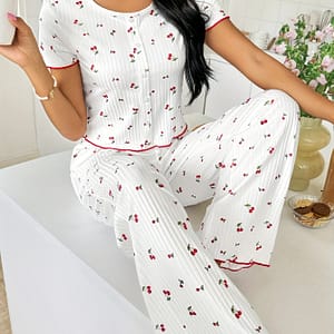 Women’s Ditsy Floral Print Sweet Ribbed Frill Trim Pajama Set, Short Sleeve Button Detail Round Neck Crop Top & Pants, Comfortable Relaxed Fit, Summer Nightwear Clothing Shop Online at Dubai Trades