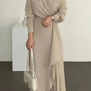 Women’s Elegant A-line Pleated Dress, Polyester 100%, Solid Color, Lapel Collar, Woven, Spring/summer/fall – D2022-2 Clothing Shop Online at Dubai Trades 2