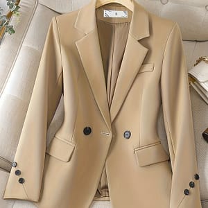 Women’s Elegant Beige Blazer – Chic Professional Suit Jacket With Long Sleeves, Double-breasted, Polyester And Spandex Blend, Ideal For Business Or Casual Wear Clothing Shop Online at Dubai Trades
