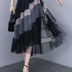 Women’s Elegant Black And Gray Color Mesh Overlay Skirt – Casual A-line With Tulle Detailing, Clothing Shop Online at Dubai Trades