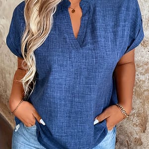 Women’s Elegant Blue Notched V-neck Blouse With Batwing Sleeves – Polyester, Machine Washable, Spring/summer Fashion, Casual Summer Wear|elegant Blouse|polyester Fabric Blouses Shop Online at Dubai Trades