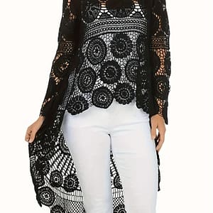 Women’s Elegant Crochet Floral Pattern Cardigan, Bohemian Style Long Sleeve Round Neck High And Low Hem Beach Waistcoat, Women’s Swimwear And Vacation Dress Clothing Shop Online at Dubai Trades 2