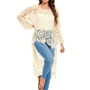 Women’s Elegant Crochet Floral Pattern Cover-up, Bohemian Style Long Sleeve Round Neck High-low Hem Beach Tunic, Swimwear And Resort Wear For Women Clothing Shop Online at Dubai Trades