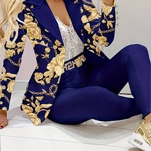 Women’s Elegant Floral Print Chain Print Blazer Set, Polyester Spandex , Machine Washable, Spring/autumn Fashion Blazers Shop Online at Dubai Trades