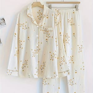 Women’s Elegant Floral Print Textured Pajama Set, Long Sleeve Buttons Lapel Top & Pants, Comfortable Relaxed Fit For Autumn & Winter Clothing Shop Online at Dubai Trades