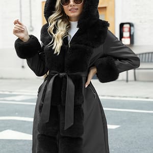 Women’s Elegant Fur-trimmed Pu Leather Hooded Coat – Warm Long Winter Jacket With Belt, Brown, Casual Fall/winter Outerwear, Winter Coat Active & Performance Shop Online at Dubai Trades 2