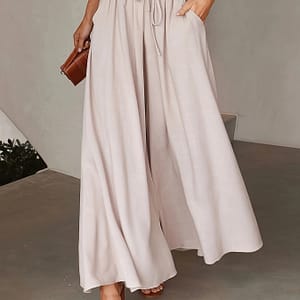 Women’s Elegant High-waist Wide Leg Pants – Solid Color, Polyester, Loose Fit With Drawstring Detail, Spring And Fall Fashion, Stylish Wide Leg Pant Clothing Shop Online at Dubai Trades