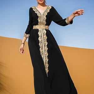Women’s Elegant Long Maxi Dress With Contrast Lace Detail, Regular Fit, Long Sleeve, Solid Color, Polyester 100%, Woven Fabric, 120g/m², Versatile Style With Belt Option Abayas Shop Online at Dubai Trades