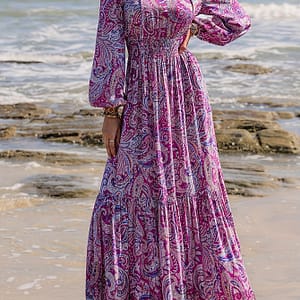 Women’s Elegant Paisley Print V-neck Maxi Dress With Tie Waist – Long Sleeve, Purple & Pink , Hem, Beach Vacations And Casual , Beach Dress Clothing Shop Online at Dubai Trades